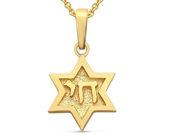 14K Gold Star of David Chai Small Pendant