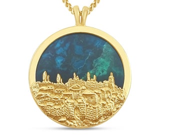 Eilat Stone 14k Gold Jerusalem Necklace, Judaica Jewelry from Israel, Jewish Pendant for Her, Jerusalem of Gold Necklace with Eilat Stone