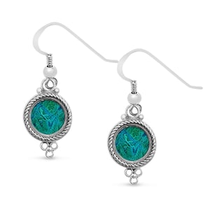 Sterling Silver Eilat Stone Earrings, Anniversary Natural Gemstone Drop, Round Blue Green Solomon Gem Ear Set, Israelite Handmade Jewelry