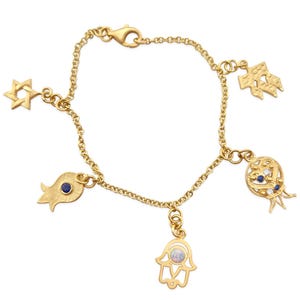 14K Gelbgold Jüdische Charms Hamsa, Granatapfel, Davidstern, Chai, Handmade Jejuda, Israelisches feines Schmuck Armband, Sapphire Opal Amethyst