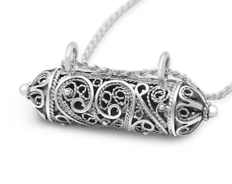 Open Mezuzah Pendant,Silver Filigree Mezuzah Pendant, Yemenite Mezuzah Necklace,Jewish Mezuzah Locket,Traditional Filigree Mezuzah Pendant