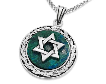 Sterling Silver Star of David Necklace,Blue Green Eilat Stone,Magen David for Him,Round Jewish Star,Israel Jewelry,Unique Man Pendant Gift