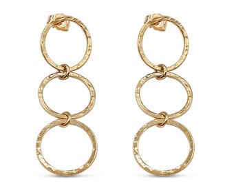 14K Yellow Gold Triple Hoop Earrings,Solid Gold Triple Circle Earrings,Long Dangle Drop Ear Studs,Classic Round Cutout Handmade Jewelry Gift