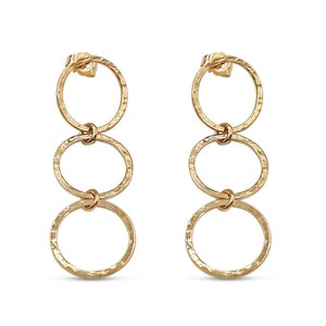 14K Yellow Gold Triple Hoop Earrings,Solid Gold Triple Circle Earrings,Long Dangle Drop Ear Studs,Classic Round Cutout Handmade Jewelry Gift