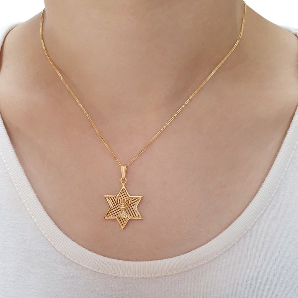 Gold Star of David Menorah Necklace