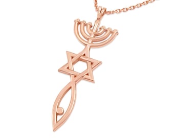 Rose 14K Gold Grafted-In Messianic Seal Pendant, Yellow Star Of David Protection Kabbalah Yeshua Necklace, White Menorah Sacred Fish Chain