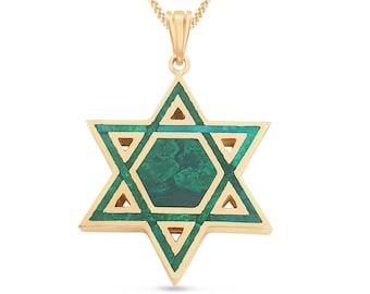 14K Solid Star of David Yellow Gold Jewish Star, Natural Eilat Stone Pendant, Magen David for Him, Jewish Jewelry, Solomon Stone from Israel