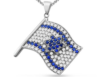 Pendentif drapeau d'Israël en or blanc 18 carats avec diamants naturels et pierres précieuses en saphir bleu, étoile juive de David Charm Fine Judaica Jewelry d'Israël