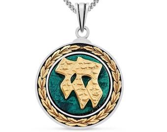 Pendentif Chai en argent et or, bijoux en pierre Eilat bleu vert, collier Chai hébreu, charme rond en pierre de Salomon fait à la main, bijoux juifs israéliens