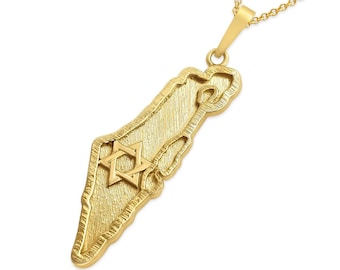 Collier carte d'Israël en or 14 carats avec étoile de David, bijoux juifs, breloque carte d'Israël, cadeau israélien bijoux Judaica, pendentif terre d'Israël