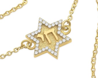 Small 14K Gold Star of David Bracelet with Diamonds, Hebrew Letters Chai, Jewish Star Bracelet, Solid Gold Magen David & Chai, Israeli Gift