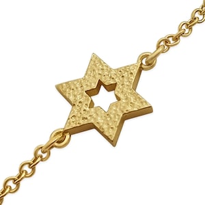 14K ゴールド スター オブ ダビデ ブレスレット、ユダヤの星チャーム リンク ブレスレット、イスラエルのユダヤ教ジュエリー、象徴的なバット ミツワー ギフト、マゲン ダビデ チャーム