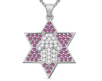 14K White Gold Star of David Pendant with Pink Ruby and Diamond Studded Hamsa, Diamond Lined Magen David & Hamsa Necklace, Judaica Jewelry