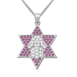 May include: A silver pendant necklace featuring a Hamsa hand charm inside a Star of David. The pendant is adorned with pink and white cubic zirconia stones.