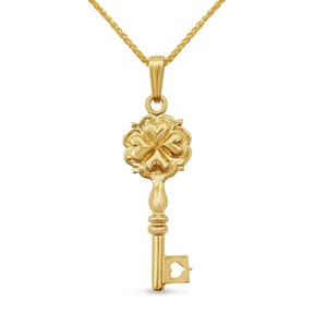 14K Solid Gold Heart Key Necklace Israel Jewelry, Yellow Gold Key Pendant Hearts of Love Charm, Kabbalah Jewelry for Good Luck and Blessings