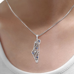 14K Weißgold Karte von Israel Jüdischer filigraner Anhänger mit natürlichen Diamanten und Saphir-Edelsteinen