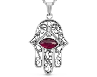 Large Sterling Silver Hamsa Pendant,Red Garnet Gemstone,Yemeni Filigree Necklace,Hand of Fatima Charm,Israel Jewish Jewlry,Protection Charm