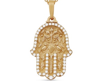 Petit Hamsa doublé de diamants en or 14 carats avec grenade, colombe de la paix, cœur, poisson, raisins symboles juifs, breloque de protection des mains, bijoux Judaica d'Israël