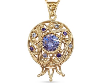 Collier grenade en or massif 14 carats, pendentif Rimon en pierres précieuses, améthyste violette et pierres de lavande, cadeau juif spécial, bijoux en filigrane yéménite