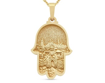 14K Solid Gold Hamsa Pendant,Holy Jerusalem Skyline and Wall Jewish Symbols,Hand of Fatima Yad Protection Charm,Israeli Gift,Judaica Jewelry