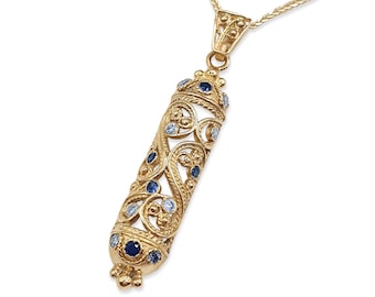 14K Solid Gold Jewish Mezuzah Pendant,Gold Gemstone Filigree Mezuzah Necklace,Blue Sapphire and Lavender,Protective Pendant,Judaica Jewelry