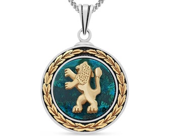 Silver and Gold Lion of Judah Pendant Eilat Stone Necklace,Judaica Jewelry from Israel,Blue Green Natural Solomon Stone charm,Jewish Jewelry