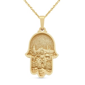 14K Solid Gold Hamsa Pendant,Holy Jerusalem Skyline and Wall Jewish Symbols,Hand of Fatima Yad Protection Charm,Israeli Gift,Judaica Jewelry