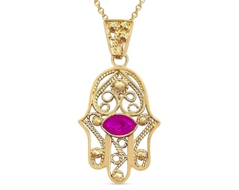 Pink Ruby Gem Yellow Gold Hamsa Pendant,14K Solid Gold Filigree Hand Yad Necklace,Judaica Hamsa Charm,Israel Jewish Gift,Protection Jewelry