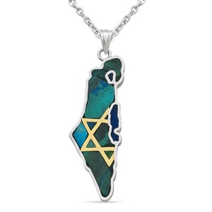 Colgante de mapa de Israel en plata con estrella de David en oro, mapa de Israel con piedra de Eilat, joyería judaica de regalo de Israel, joyería judía de Tierra Santa
