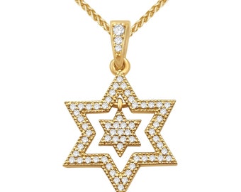 18K Gold Diamond Lined Star of David Pendant, Diamond Studded Magen David Necklace, Dangling Double Gold Jewish Star with Natural Diamonds