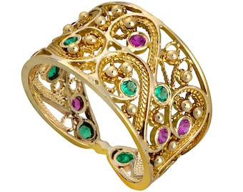 14K Gold Ruby and Emerald Filigree Ring