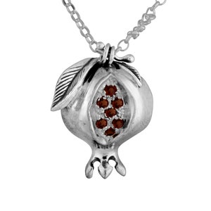 Sterling Silver Pomegranate Necklace,Garnet Pomegranate Pendant,Silver Rimon Pendant,Round Red Garnet Pomegranate Necklace,Jewish Jewelry