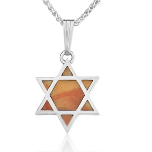 Brown Jerusalem Stone Star of David Sterling Silver Pendant,Israel Carved Traditional Jewish Religious Necklace,Bar Bat Mitzvah Jewelry Gift