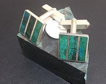 Sterling Silver Square Judaica Cufflinks Blue Green Eilat Stone King Solomon Mens Shirt