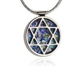 Star of David Roman Glass Pendant,Sterling Silver Pendant,Round Jewish Star Necklace,Ancient Roman Glass Necklace,Magen David Jewelry