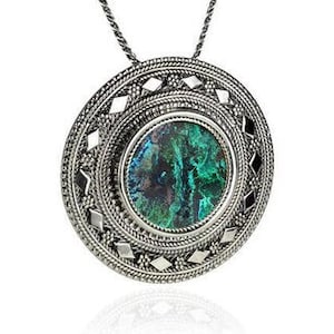 Collier et broche en pierre Eilat en argent sterling, grand pendentif en argent filigrane orné, bijoux en pierre de Salomon, pierre bleu vert d’Israël