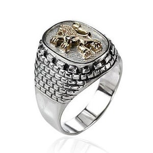 Lion of Judah Ring, Sterling Silver and 14k Gold Men&#39;s Ring, Jewish Ring, Lion Men&#39;s Judaica Ring, Western Wall Ring, Silver Signet Ring