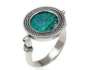 Eilat Stone Ring,Round Sterling Silver Ring,Teal Gemstone Ring,Silver Kinetic Ring, Eilat Stone Jewelry,Jewish Jewelry, Israel Jewelry