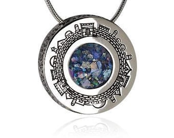 Romeinse glazen ketting, oude stad Jeruzalem, Ronde Zilveren Ketting, Blauwe Romeinse Glazen Hanger, Israëlische sieraden, Laser gegraveerd Heilige Jeruzalem Hanger
