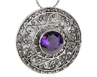 Sterling Silver Round Filigree Pendant, Silver Gemstone Filigree Necklace, Purple Amethyst Round Filigree Pendant, Yemenite Style Pendant