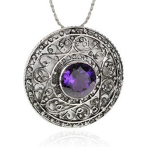 Sterling Silver Round Filigree Pendant, Silver Gemstone Filigree Necklace, Purple Amethyst Round Filigree Pendant, Yemenite Style Pendant