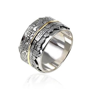 Silver and Gold Holy Jerusalem Ring,Biblical Jewelry,Old City Jerusalem Skyline Band,Judaica Jewelry,Jewish Wedding Band,Israel Jewelry Gift