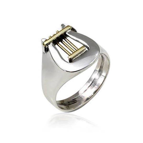 David's Harp Ring, Sterling Silver and 14k Gold Signet Ring,Ring for Men,Silver Harp Ring for Men,Jewish Ring,King David Ring,Israel Jewelry
