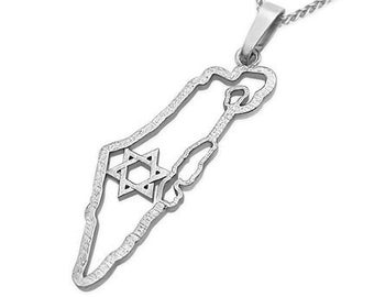 Pendentif carte d'Israël en or blanc 14 carats avec étoile de David, bijoux juifs, breloque carte d'Israël, cadeau Judaica israélien, collier terre d'Israël