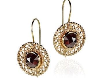14K Yellow Gold Filigree Earrings, Round Filigree Garnet Earrings, Round 14K Gold Red Garnet Earrings,Decorative Filigree Style Earrings,