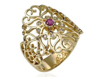14K Gold Ruby and Diamond Filigree Ring,Gold Filigree Band, 14K Gold Gemstone Ring,Pink Ruby Diamond Solid Gold Ring,Love Hearts Ring