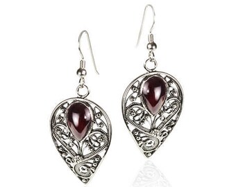 Pendientes de plata de las mujeres, pendientes colgantes de granate rojo de plata, pendientes de colgante de filigrana yemení, pendientes de piedra de granate de lágrima, pendientes de la vendimia