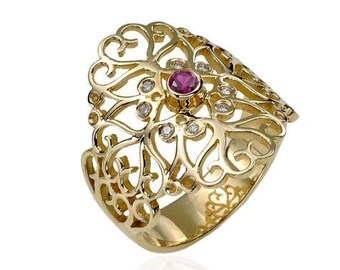 Gold Ruby Diamonds Filigree Ring