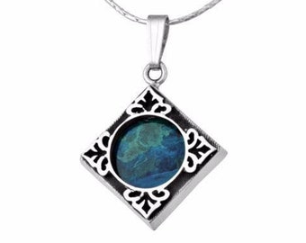 Eilat Stone Necklace, Sterling Silver Small Square Pendant Necklace, Blue Green Stone Pendant,Solomon Stone, Israeli Jewelry, Gift for Her