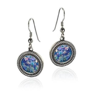 Roman Glass Earrings,Sterling Silver Round Wire Earrings,Round Dangle Silver Stud Earrings,Ancient Roman Glass Jewelry,Israeli Jewelry